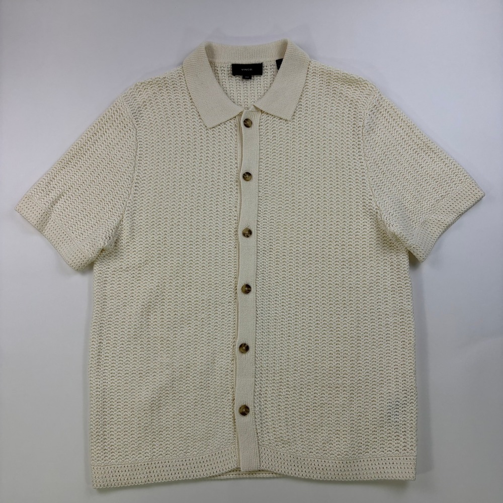 Vince Crochet Knit Button Down Polo Mens Medium Cream Cotton SS Sweater